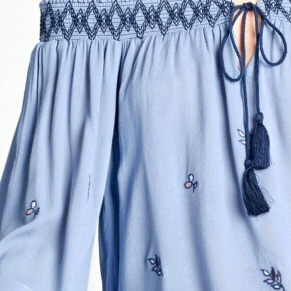 Women's Blue Peasant Elasticized Off the Shoulder Bell Sleeve Blouse - Picture 6 of 7